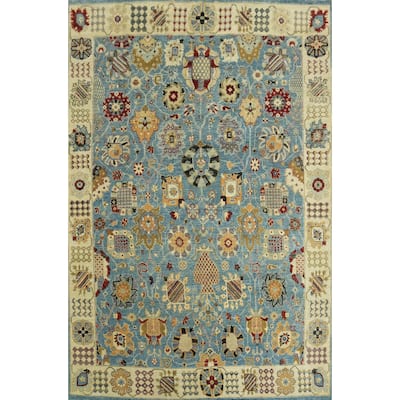 All-Over Floral Blue Oushak Vegetable Dye Area Rug, Floral Geometric Carpet - 11' 7'' X 8' 9''