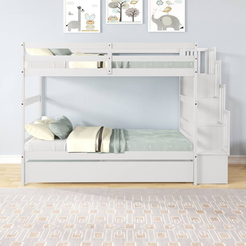 Twin Over Twin Pine Bunk Bed with Trundle and Storage Staircase