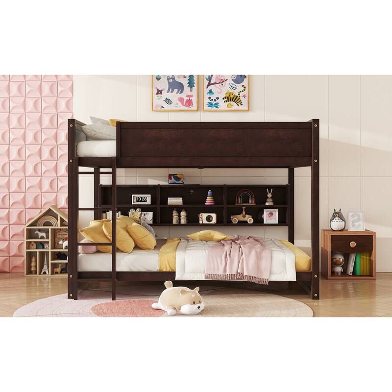 Queen Over Queen Bunk Bed with Storage, Charging Station, Ladder, Safety Rails, Solid Pine Wood, Brown