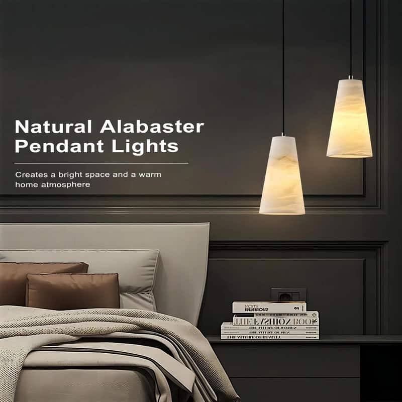 KAYLA 2 Light Pendant Light, Cone Natural Alabaster Shade Pendant Light for Dining Room, Kitchen Island(Bulb Included)