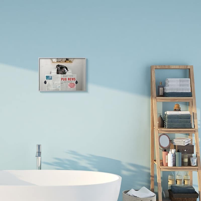 Stupell Bathroom Pug Daily Toilet Briefing Dog Humor Framed Wall Art - White