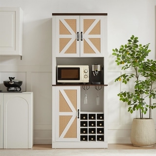 76-Inch Tall Rustic Oak Color Farmhouse Kitchen Faux Rattan Wine Cabinet, Kitchen Bar Cabinet with Square Compartments