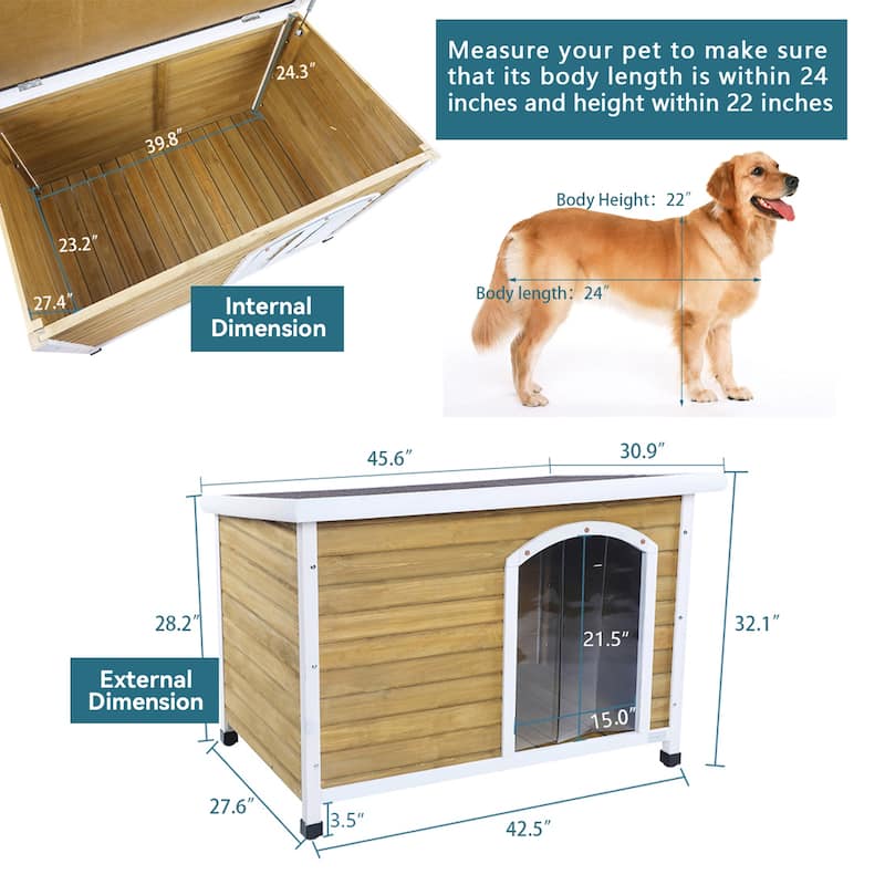Outdoor Elevated Wooden Dog House with Weatherproof, Opening Roof, Adjustable Plastic Feet, Suitable for Medium and Large Dogs
