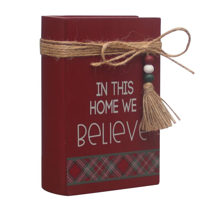 In This Home We Believe Wood Faux Books Decorative Sign with Twine and Beads