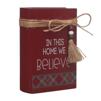 In This Home We Believe Wood Faux Books Decorative Sign with Twine and Beads