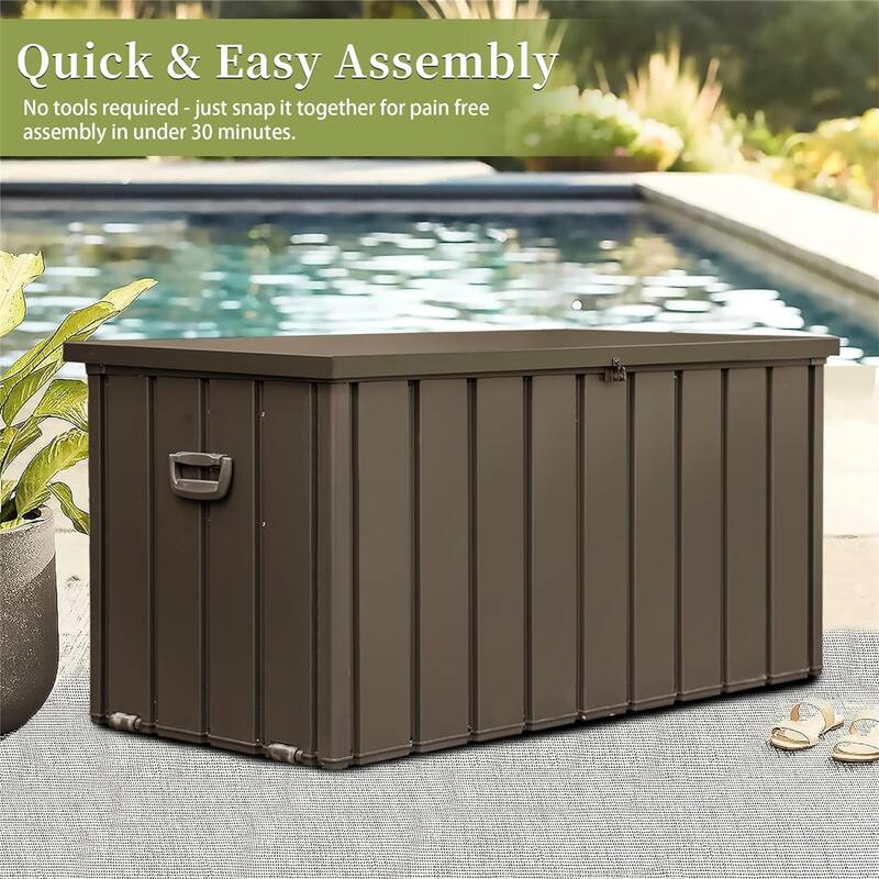 ​​Heavy Duty Galvanized Steel Storage Box with Lockable Lid and Rollers for Patio Garage and Poolside - Dark Brown