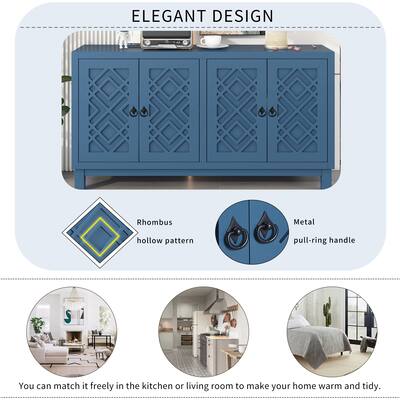 Navy Buffet Storage Cabinet Sideboard Cupboard Console Table, Storage Cabinet with Rhombus Hollow Door & Pull Ring Handles
