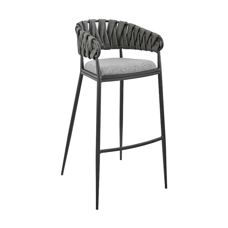Giovanni Gray Faux Leather and Black Metal Bar or Counter Height Barstool with Arms and Curved Back