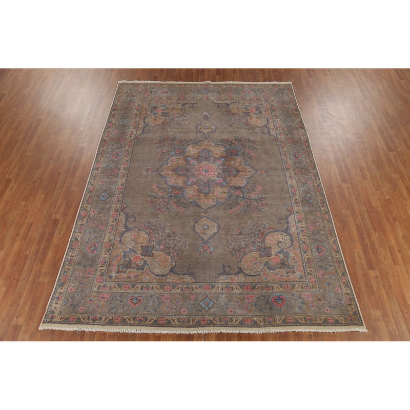 Distressed Brown Tabriz Persian Antique Rug Hand-Knotted Wool Carpet - 8'2"x 11'0"