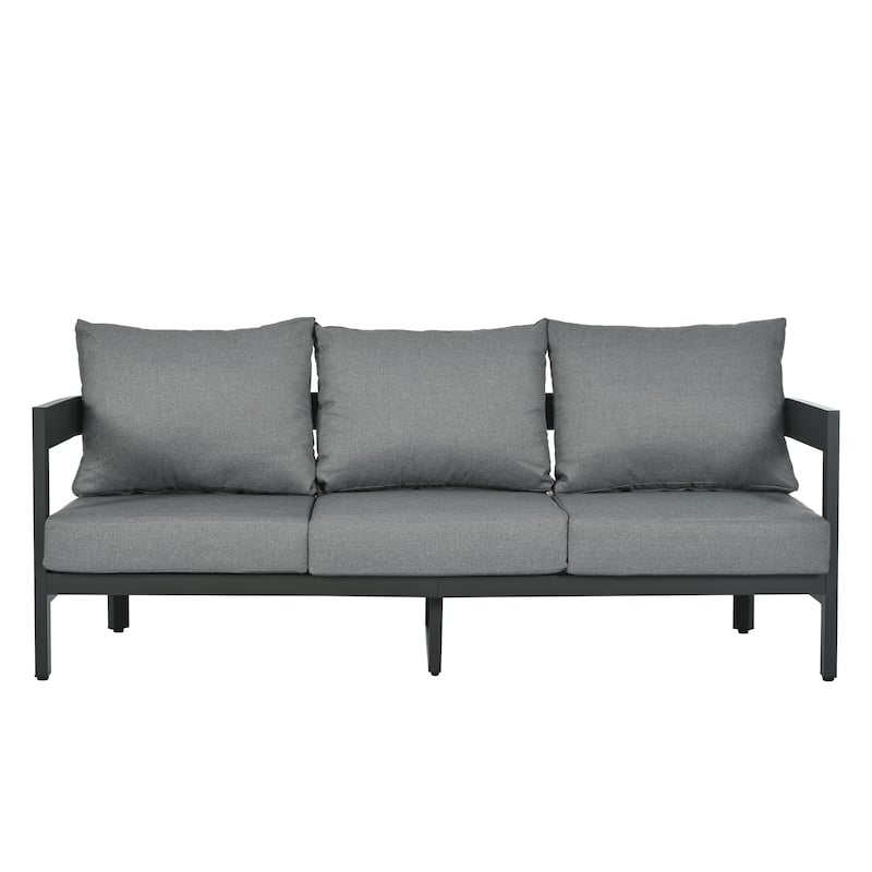 Gray Outdoor Seating Set with Thick Cushions Iron Frame Plastic Wood Table for Patios Lawns Poolside