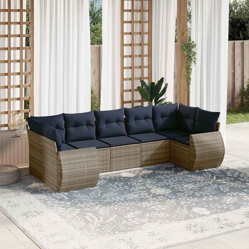 vidaXL 7 Piece Patio Sofa Set with Cushions Grey Poly Rattan - 24.4" x 24.4" x 27.2" - Grey and blue