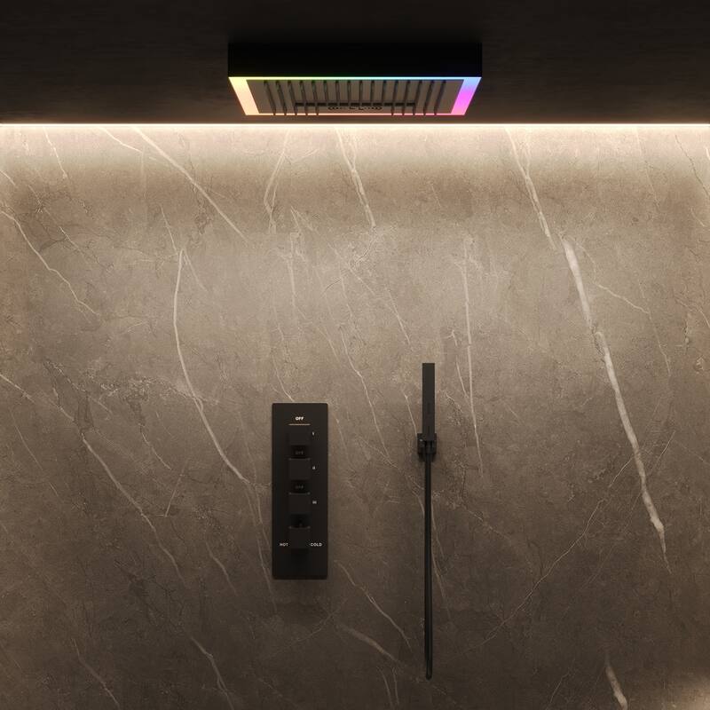 GRANDJOY Thermostatic LED Rain and Waterfall Shower System with Handheld, Built-In Music Function