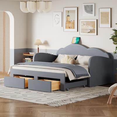 Twin Size Upholstered daybed with Cloud-Shaped Backrest, Trundle & 2 Drawers and USB Ports, Gray