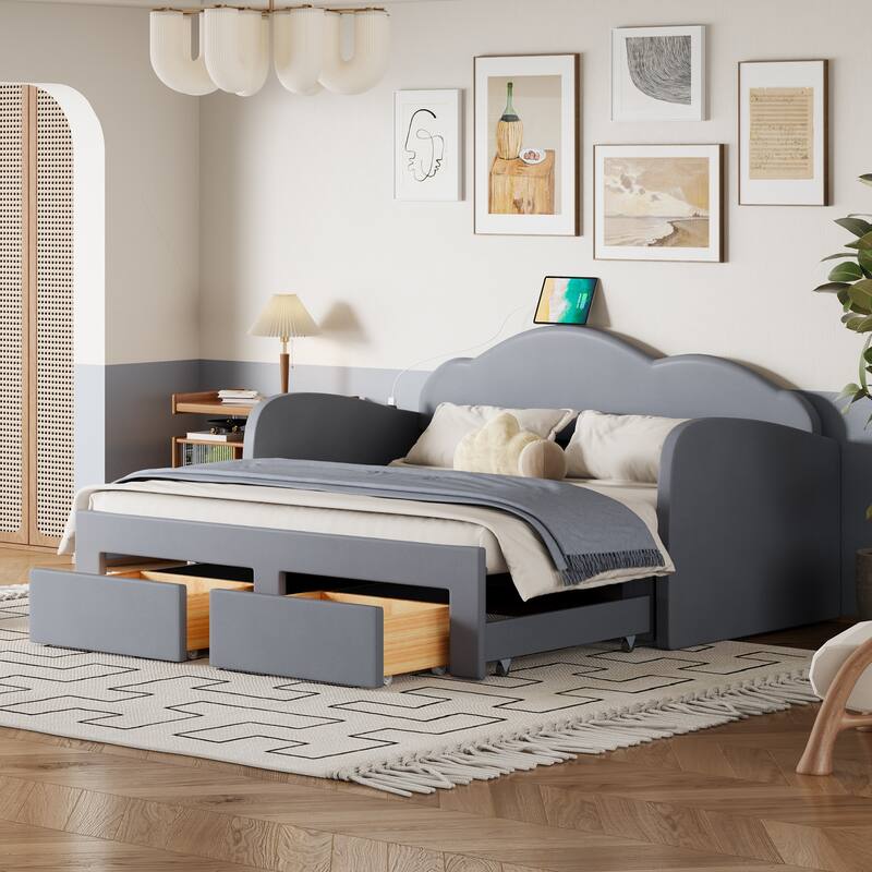Upholstered daybed with Cloud-Shaped Backrest - Grey - Twin
