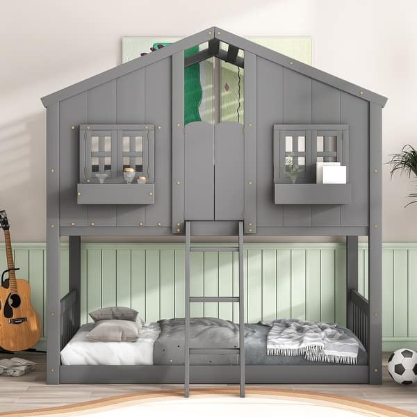 slide 2 of 10, Playful Twin over Twin Wood House Bunk Kids Bed with Roof,Windows,Door Grey