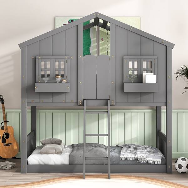 slide 2 of 29, Twin Size Playhouse Bunk Bed with Roof,Window,Door and Guardrails Gray - Twin