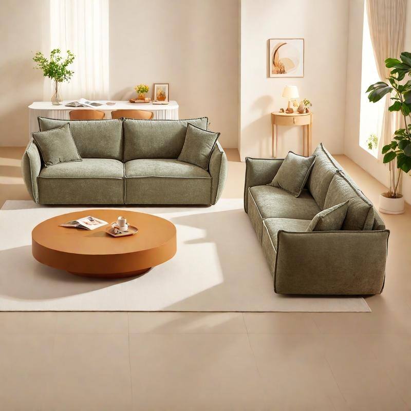 Linen 6-Seat Modular Sofa Set with 3+3 Seater Combo and Wooden Frame & 4 Pillows - Light Green
