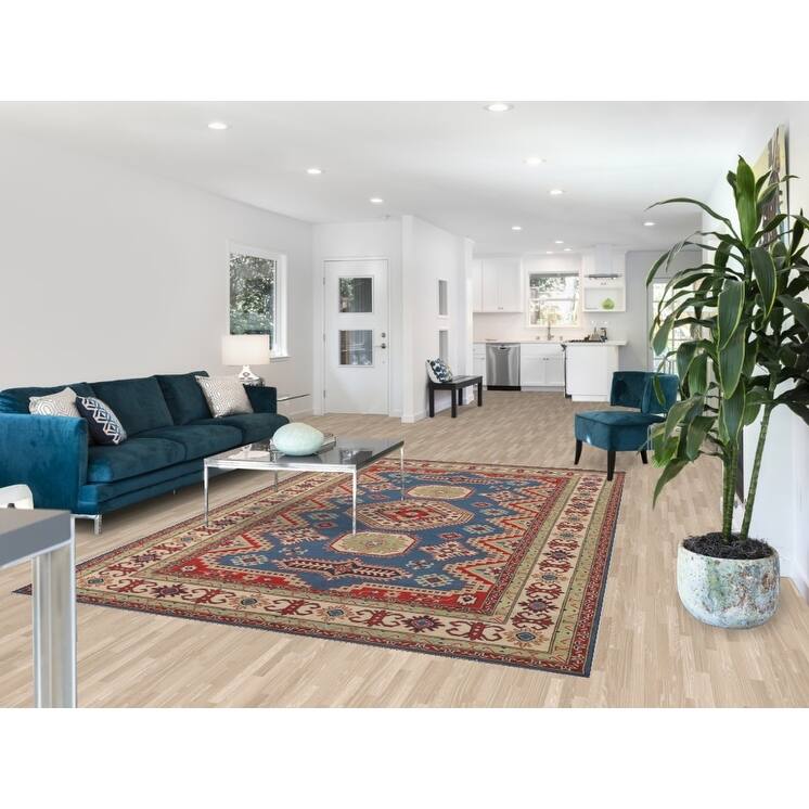 Blue Geometric Kazak Oriental Rug Handmade Traditional Wool Carpet - 6'8" x 10'1"