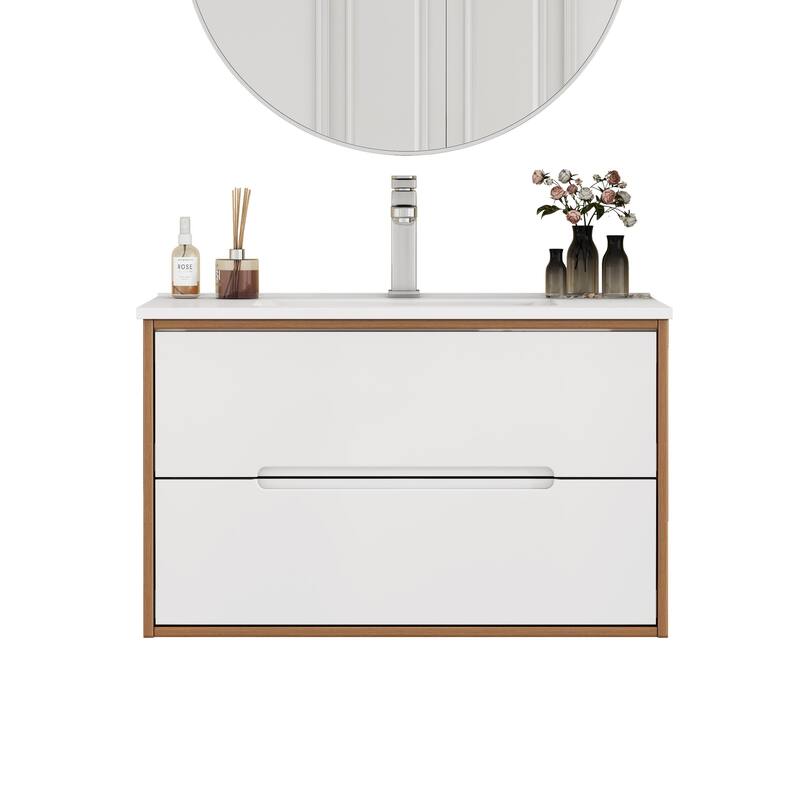 32 Inch Floating Bathroom Vanity with Sink & Double Drawers, Wall-Mounted Bathroom Vanity Base with Ceramic Basin