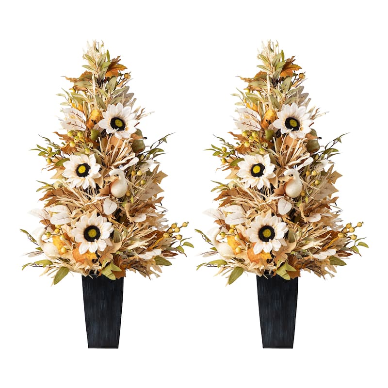 Glitzhome 3FT Fall Pumpkin Sunflower Pinecones Floral Porch Potted Tree