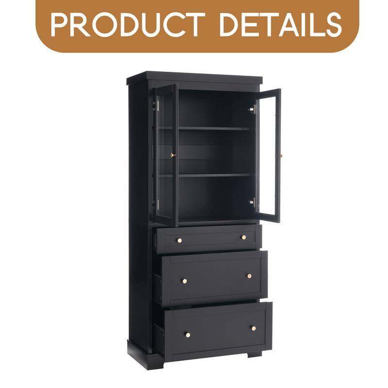70.1" Modern High Freestanding Tall Bathroom Cabinet with 2 Adjustable Shelves, 3 Drawers, Soft Close Glass Doors