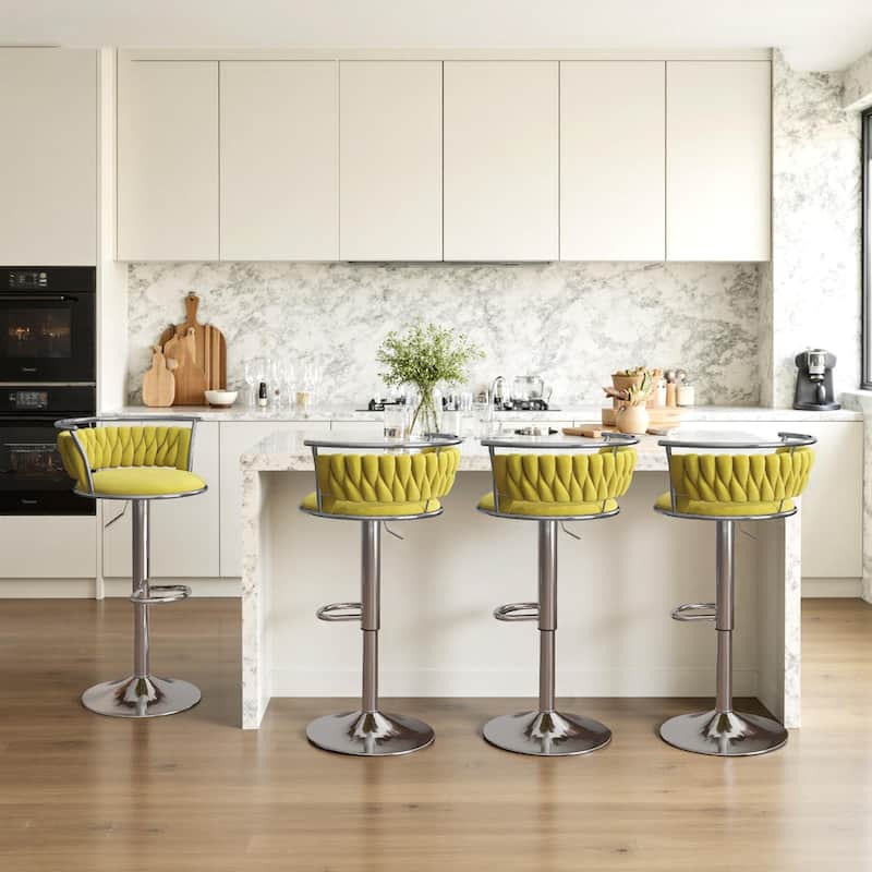 Velvet Upholstered Adjustable Bar Stool Swivel Counter Chair Set of 2 - Olive Drab/Silver - Set of 4