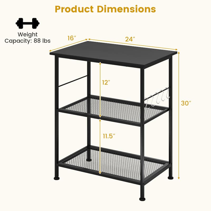 3 Tier Rolling Kitchen Cart with Hooks and Wheels for Storage and Utility