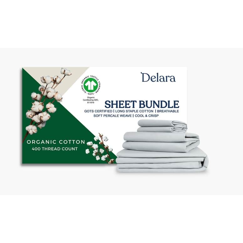 Delara GOTS Certified 100% Organic Cotton Percale Bedding Bundle, Ultra Soft Silky, Moisture-Wicking