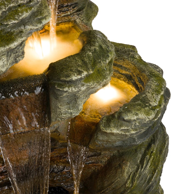 Alpine Corporation WIN1092 51" Brown Outdoor Floor Multitiered Rock Waterfall Fountain with LED Lights