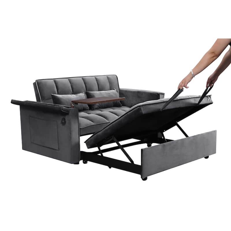 Convertible Sofa Bed, Velvet Sleeper Couch Pull-Out Bed, 55.5'' Loveseat Sleeper Sofa Bed with USB Port and Hidden Side Table