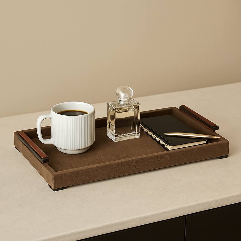 Wood Metal Modern Serving Tray with Handles Home Decor - 2" Brown - 19" x 12" x 2"