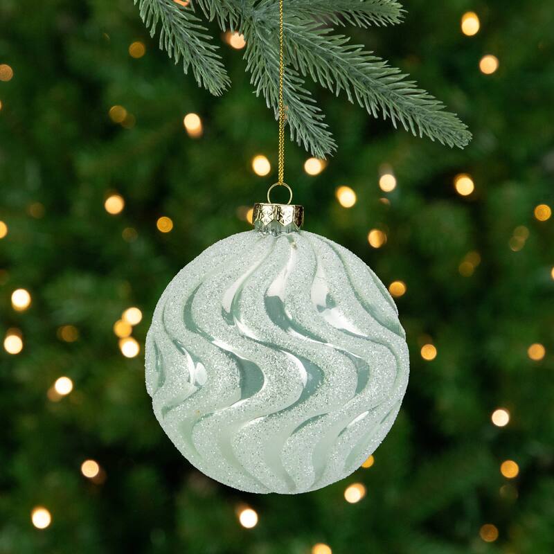 Glittered Swirls Christmas Glass Ball Ornament - 4" - Mint Green