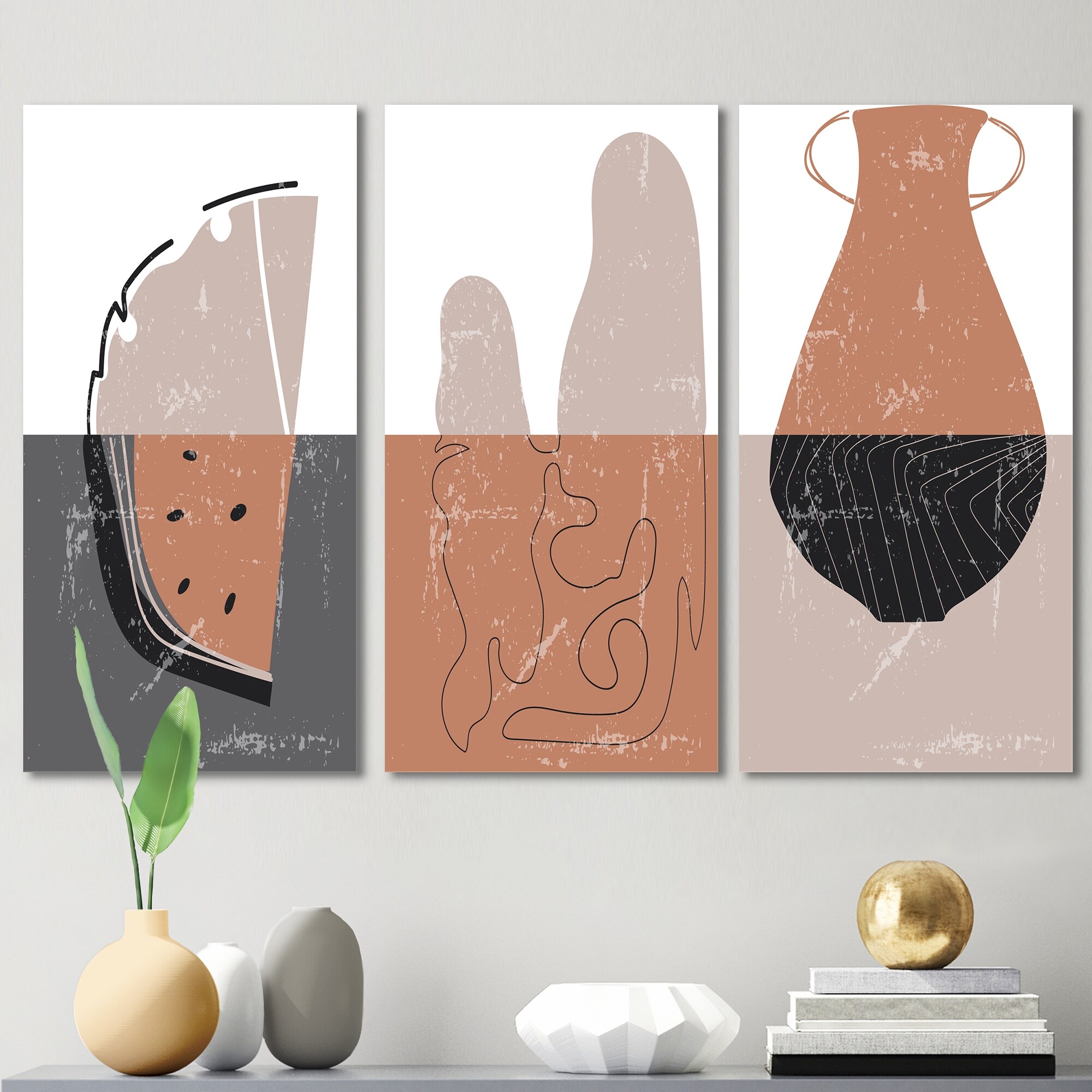 Designart Grey Brown Minimalist Vintage Doodles Modern Contemporary Wall Art-image