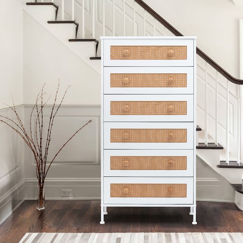 VredHom 6-Drawer PE Rattan Storage Cabinet Closet Dresser - White