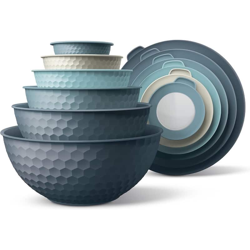 COOK WITH COLOR - 12 Piece Plastic Nesting Bowls - 6 Prep Bowls and 6 Lids, Microwave Safe. - Blue Embossed