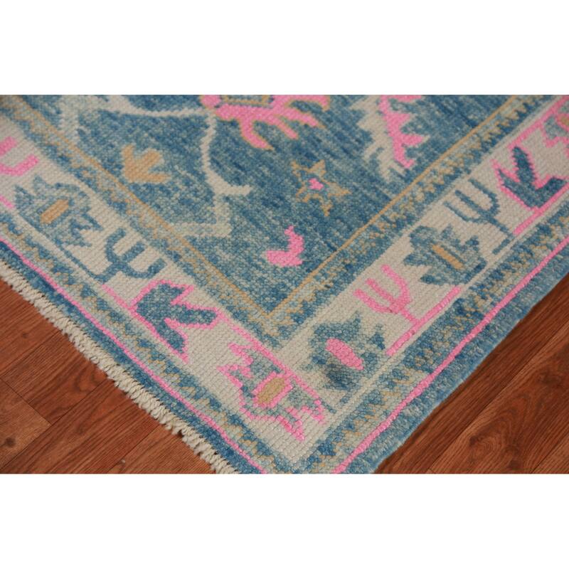 Hand Knotted Oriental 100% Wool Carpet Transitional Floral Navy Blue & Blues Oushak Runner Rug - 15' 10'' X 3' 2''