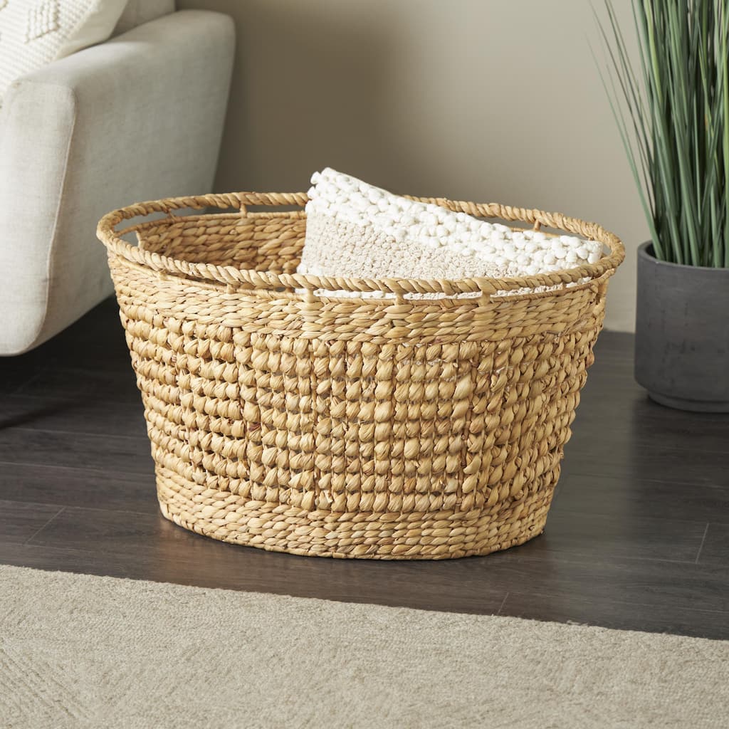Brown Seagrass Handmade Woven Oval Decorative and Functional Storage Basket with Elevated Rim and Slot Handles