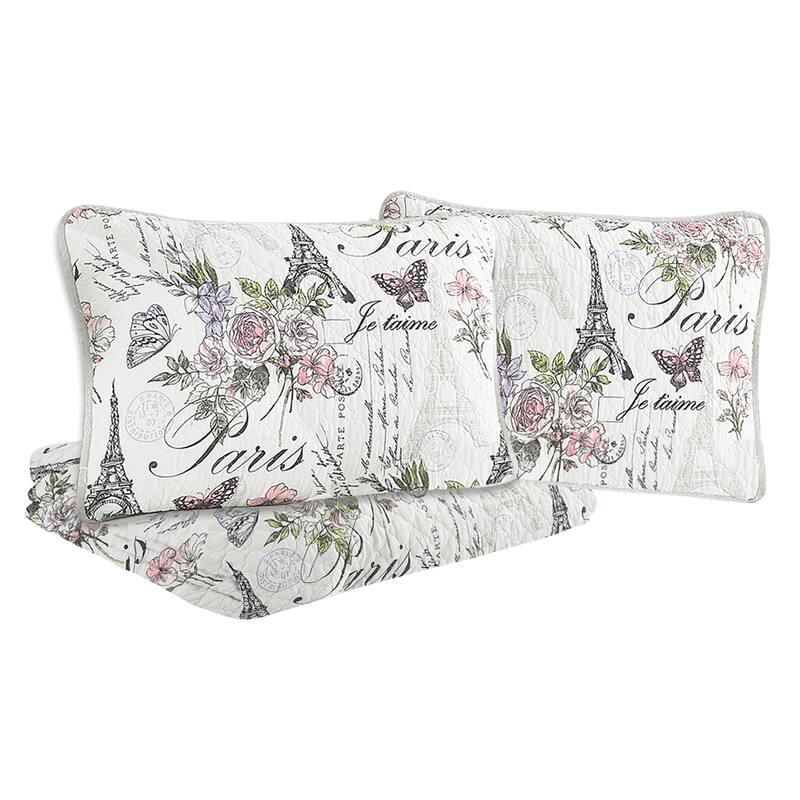 Paris Floral Pink Cotton 3-Piece Reversible Quilt Set