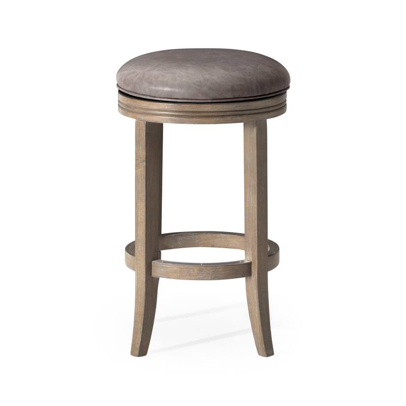 HomeRoots 26" Stone and Oak Faux Leather and Solid Wood Backless Counter Height Swivel Bar Chair