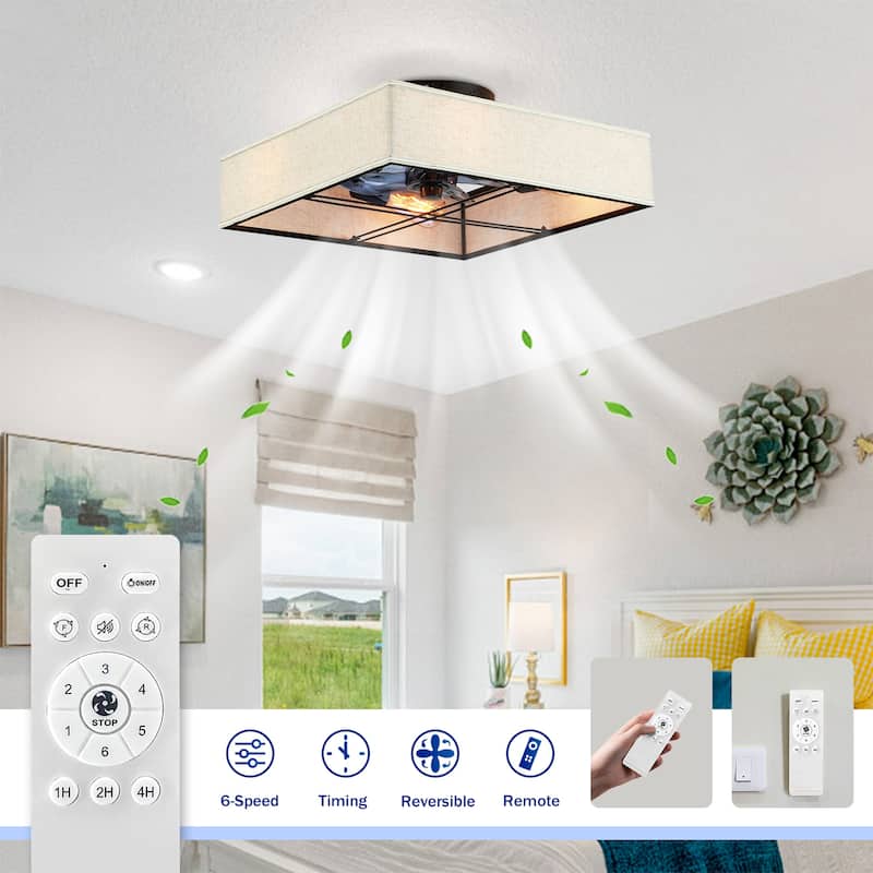 16.6"Square Fabric Flush Mount Ceiling Fan,Reversible Motor,DC Remote Control,7 PCS PC Blades,6 Speed Ceiling Fan,Timing