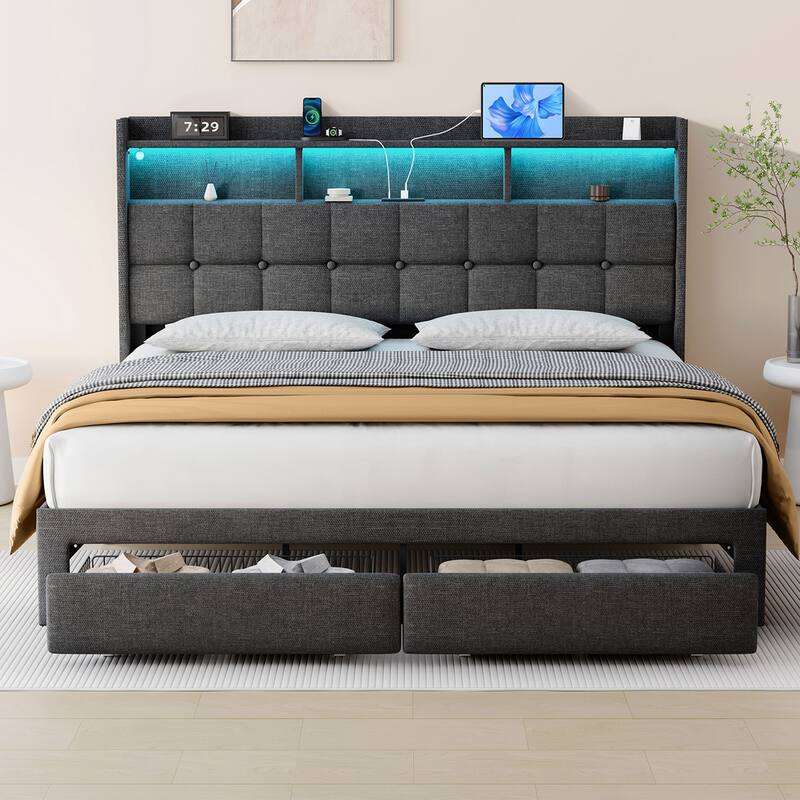 King Size Upholstered Platform Bed with LED Lights, Charging Station & Storage Headboard, No Box Spring Needed