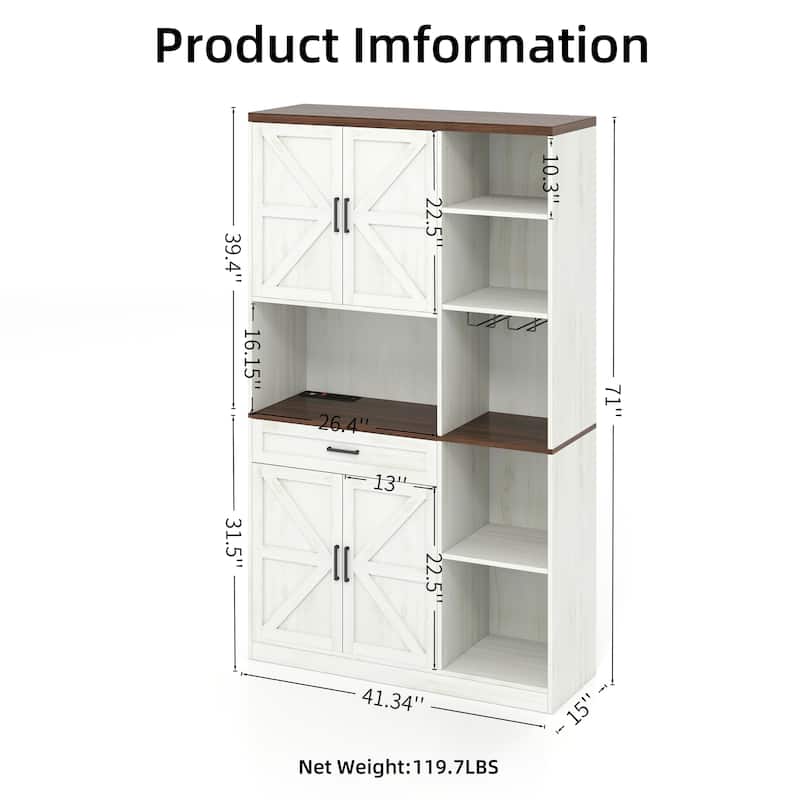 71'' Farmhouse Kitchen Pantry Sideboard with Cabinet and Drawer, Multifunctional Kitchen Buffet with Hutch and Glass Holder
