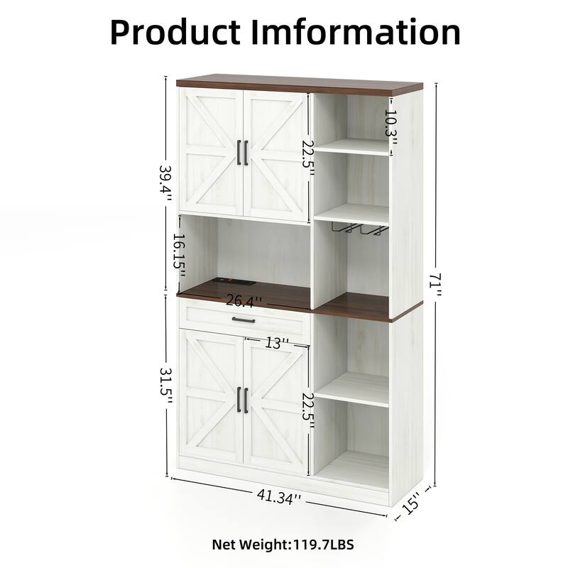 GDFStudio - Elsie 71" Farmhouse Kitchen Pantry Sideboard with Hutch, Drawer, Glass Holder & Charging Station
