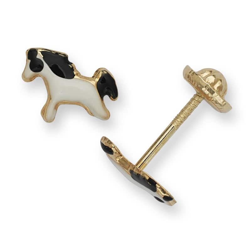 Curata 14k Yellow Gold Children's Enamel Pony Horse Screw-back Earrings - Black