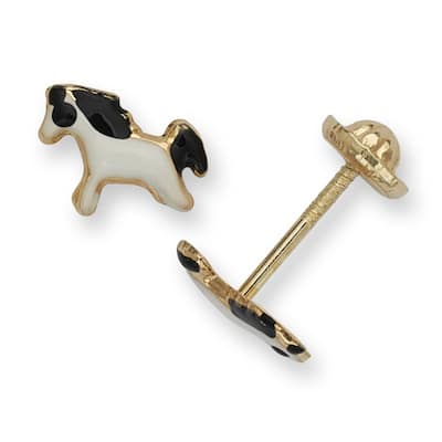 Curata 14k Yellow Gold Children's Enamel Pony Horse Screw-back Earrings - Black