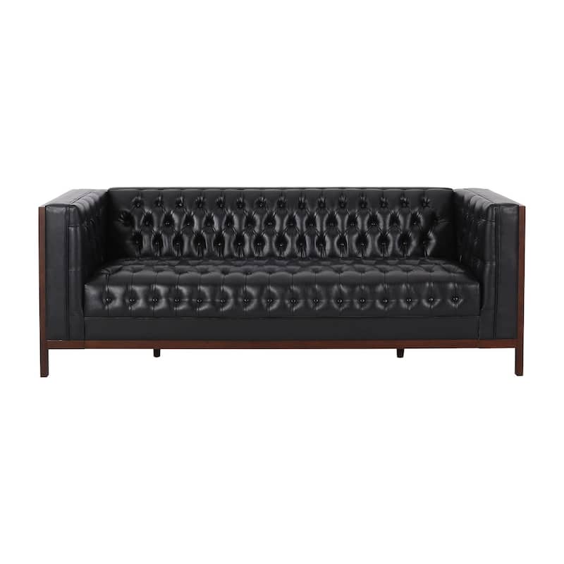 Sofa, 79 Inch 3 Seater, Button Tufted Black Faux Leather, Rubberwood