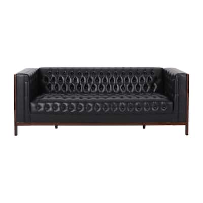 Sofa, 79 Inch 3 Seater, Button Tufted Black Faux Leather, Rubberwood