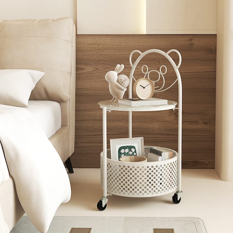 Gymax 2-Tier Mobile Glass Coffee Table w/ Bear Pattern Storage Basket