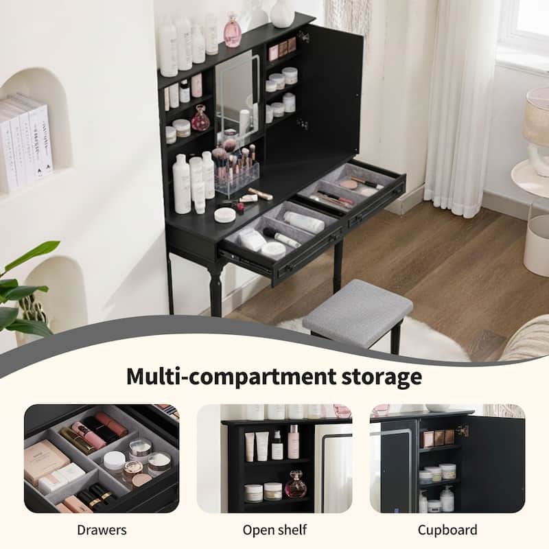 Vanity Desk with Adjustable Lighted Mirror & Upholstered Stool