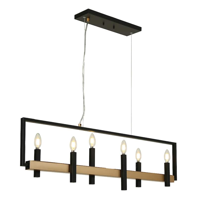Modern Farmhouse 6-Light Linear Chandelier Black Gold Candle Island Lights for Dining Room - L39.4" x H72.7" Max